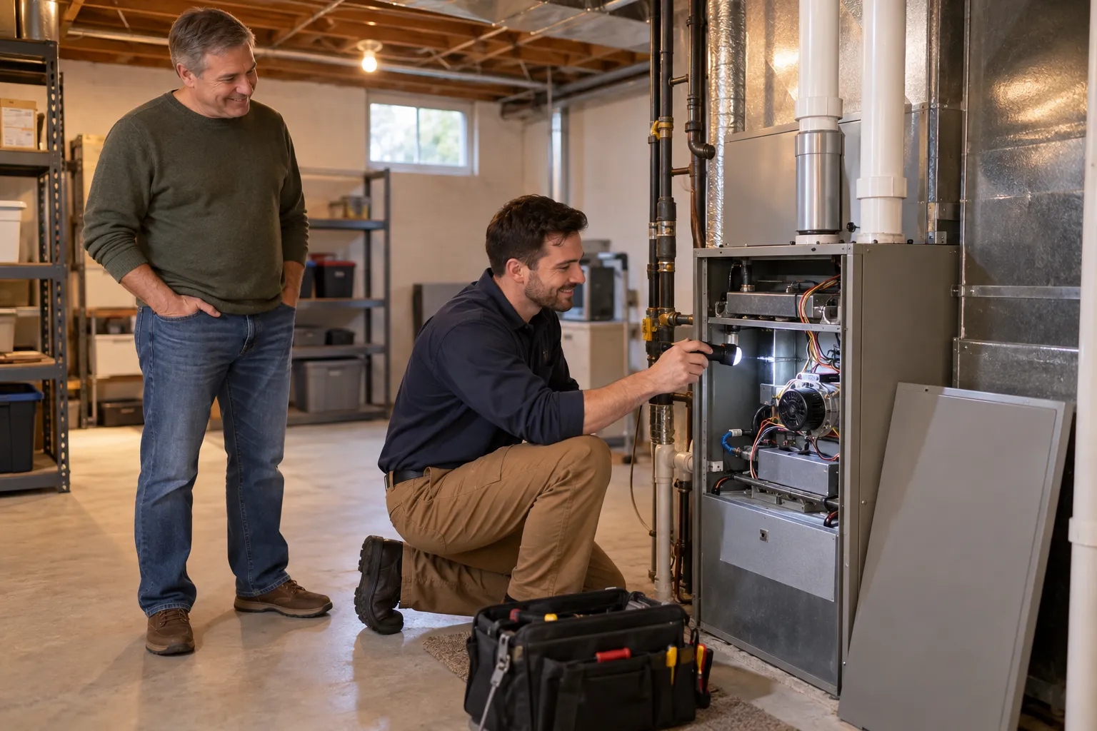 A friendly local HVAC provider checking a furnace in a Oklahoma City basement while a homeowner looks on