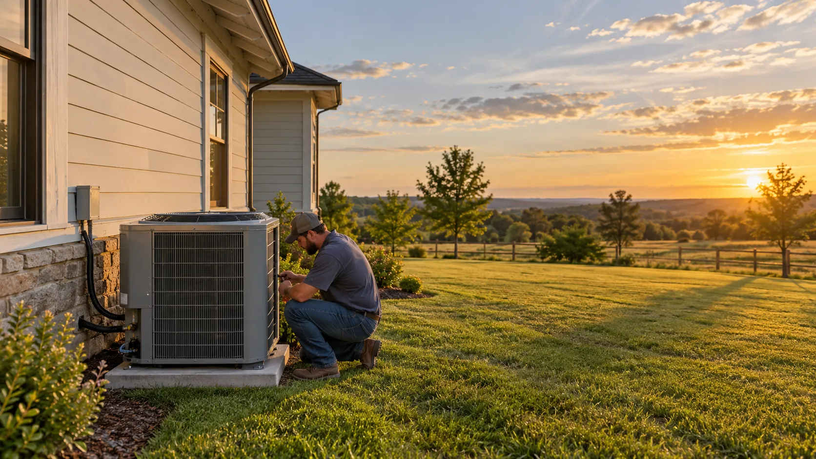 A ranch-style home with an outdoor AC unit on a wide lot in the Oklahoma City area